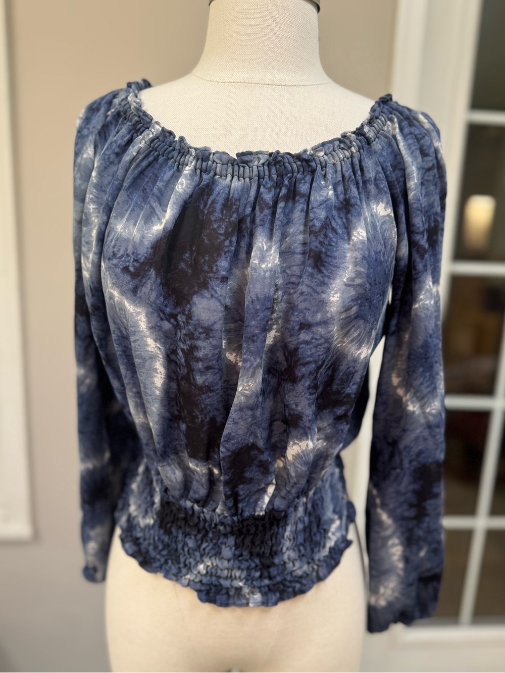 MICHAEL Michael Kors Navy White Tie Dye Off Shoulder Smocked Silk Top XS
